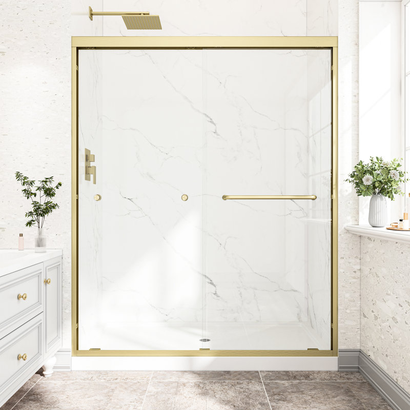 Porte de douche réversible 55 po à 55 po à finition dorée brossée, verre trempé de 1/4 po de 6 mm avec coin, accessoires de collision, convient à différentes bases avec une largeur réglable, serviettes faciles à suspendre