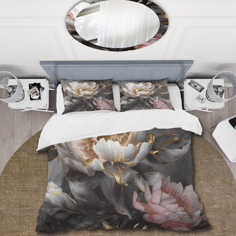 Ensemble de housse de couette rose et gris en pivoines Blooming II, Housse de couette pour très grand lit et 2 très