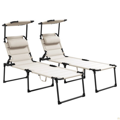 Chaise longue d'extérieur 2 pièces, chaise longue pliante à dossier réglable, chaise de bronzage coussinée avec toit pare-soleil et appui-tête