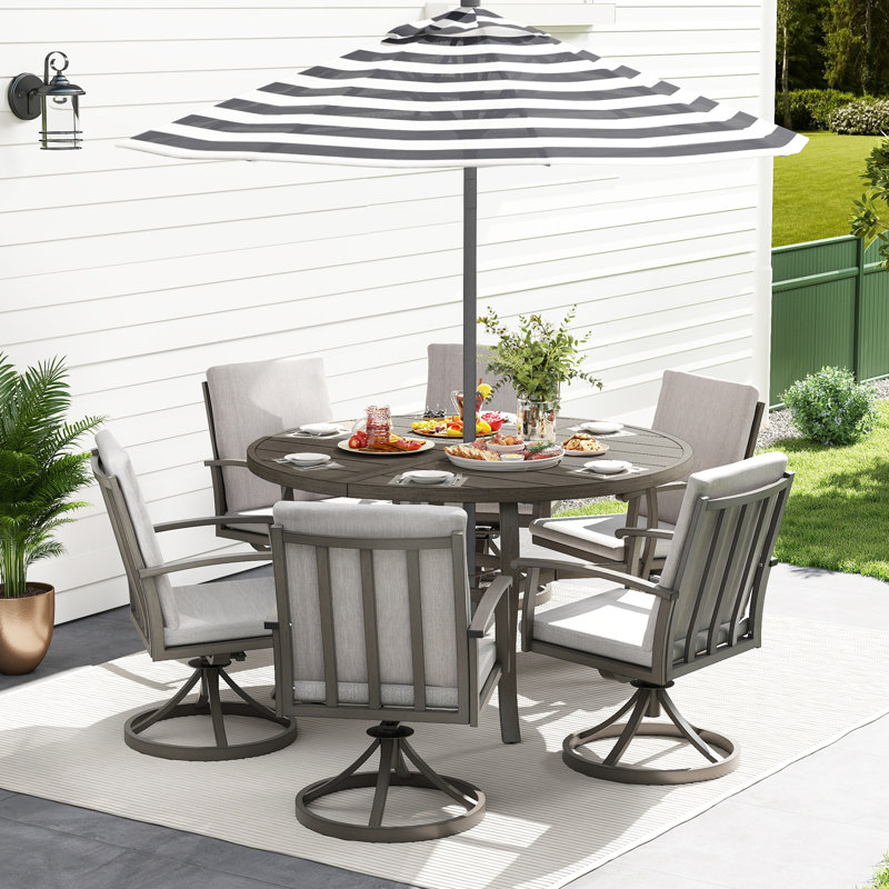 Moffett 7-Piece Gray Aluminum Patio Dining Set With 6 Swivel Dining Chairs And Washable Light Gray Cushions, 6