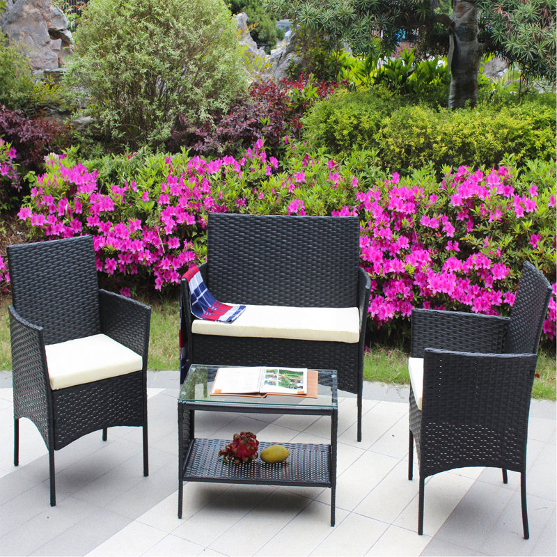 4 Pc Rattan Patio Furniture Set Outdoor Patio Cushioned Seat Wicker Sofa (Beige Cushion), Beige
