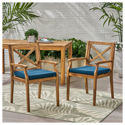 Acacia Wood Outdoor Dining Chairs Set of 2 with Teak Finish and Water-Resistant Blue Cushions - Perfect for Patio, Garden, and Poolside Seating