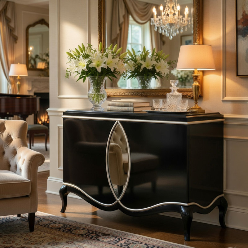Console d'armoire à 2 portes, incrustation de garniture de miroir, base festonnée, noir 50 po