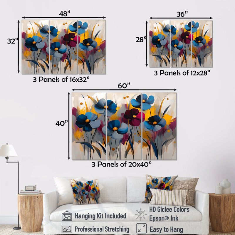 Ensemble de 3 fleurs murales rouges et bleues - bleuet pour salon - ensemble de 3, H 32 po x l 48 po, Toile tendue