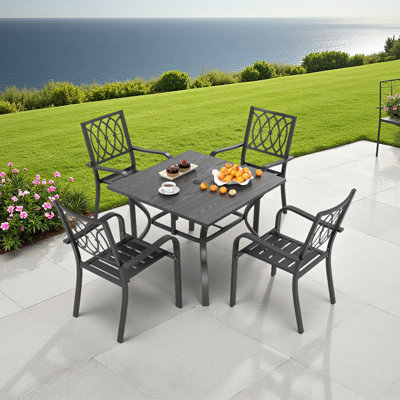 5‑Piece Outdoor Patio Dining Set, 4 Metal Chairs (350 Lbs Capacity), 37.8" Square Wood‑Grain Metal Table W/ Umbrella Hole