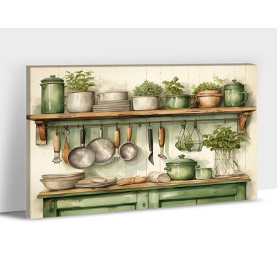 Grande cuisine, art mural sur toile, art de la table rétro, impressions de campagne rustique, vert, ustensiles de cuisine, peinture sur toile pour la salle à manger, affiche murale de décoration murale prête à être suspendue, 28 po x 40 po