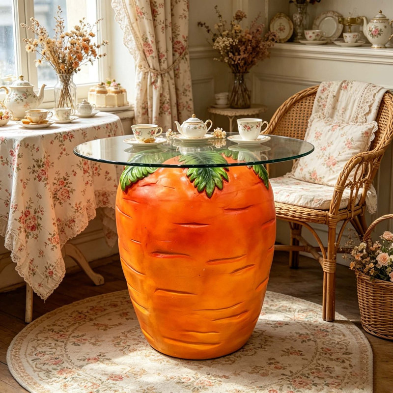 Table d'appoint en forme de carotte, tabouret de fruits en résine 16 po avec plateau en verre, table de bout fantaisie pour le salon, la chambre et la décoration intérieure