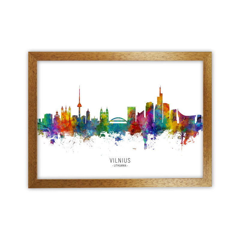 Vilnius Lithuania Skyline by Michael Tompsett - Print, 25cm H x 34cm W x 3cm D, Brown Framed