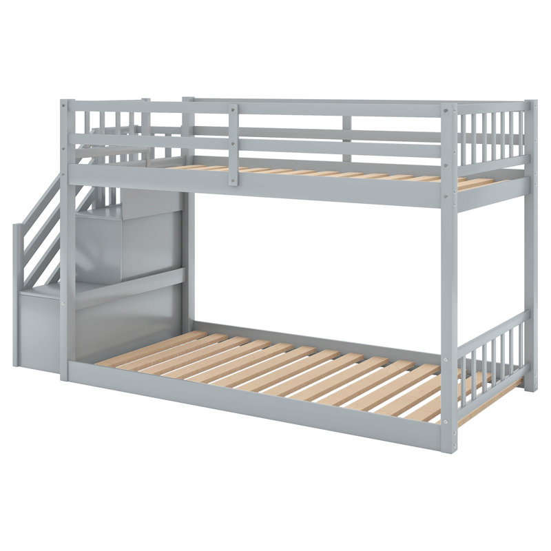  Lit superposé simple au-dessus d'un lit simple avec échelle et rangement intégré, gris, Gris