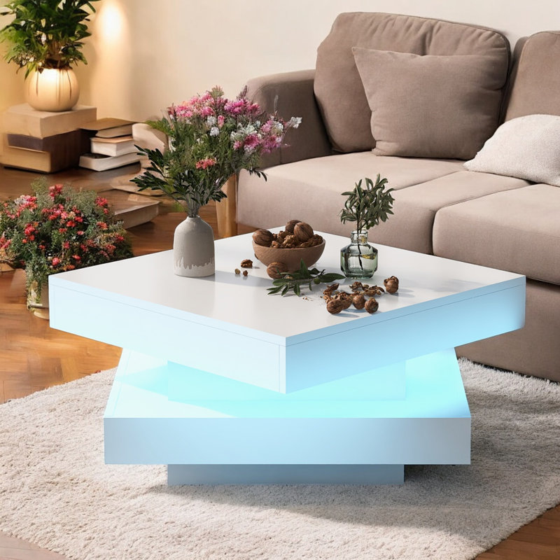 Charvez White Square High Gloss Coffee Table With 360° Rotating Top With 16-Color LED Light Tea Table, White
