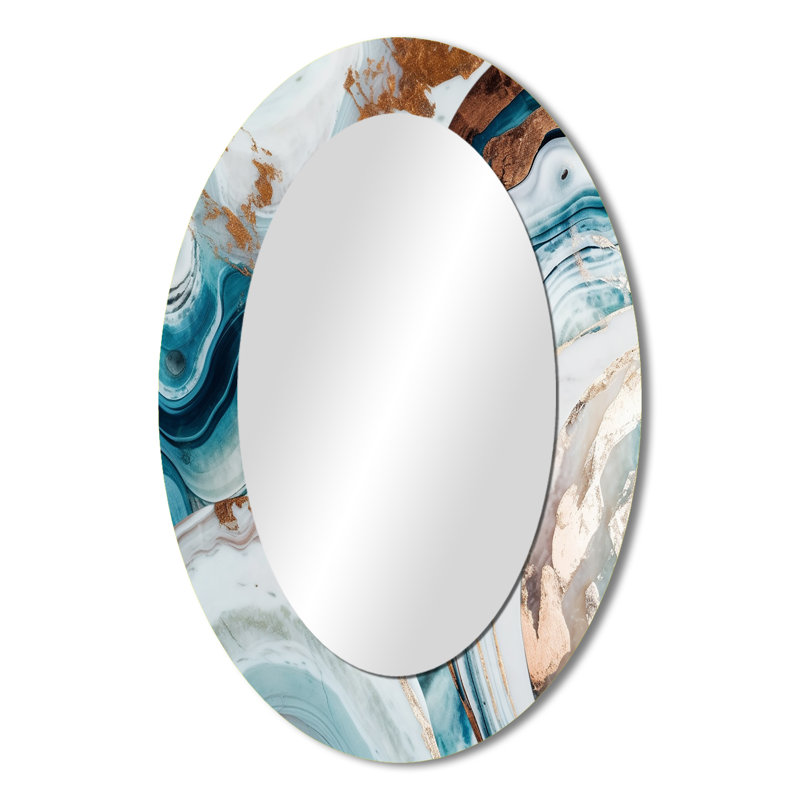 Blue Gold Half Circle Marble Abstract V - Blue Oval Wall Mirror Decor, 36" x 24"