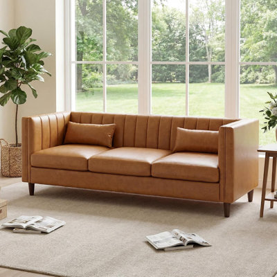 Canapé en cuir de polyuréthane de 81 po avec siège profond et dossier capitonné à boutons de 81 po style Mid-Century 81 po pour salon, appartement et bureau