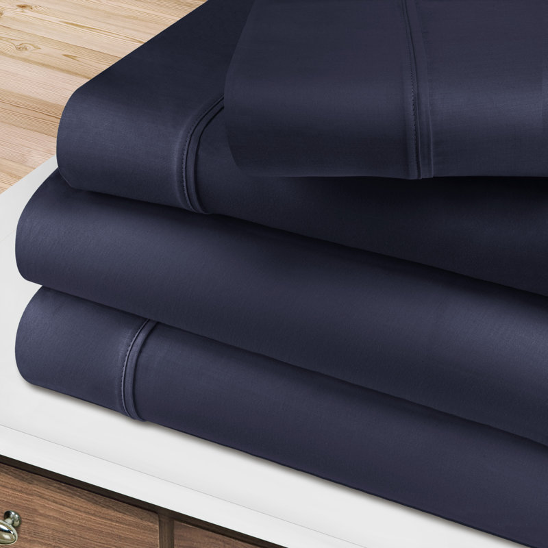 BNM Gisla Deep Pocket 400-Thread Count Standard Cotton Solid Sheet Set, Navy Blue, Full Sheet Set with 2 Pillowcases
