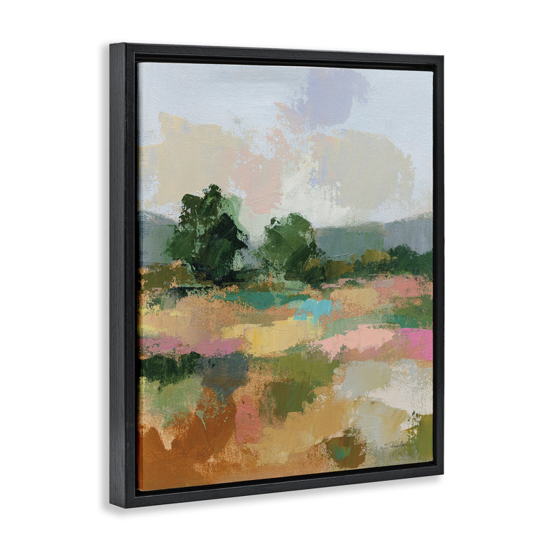 Abstrait printemps paysage encadré sur toile flottante par Silvia Vassileva, Cadre flottant noir de jais, H 21 po x l 17 po