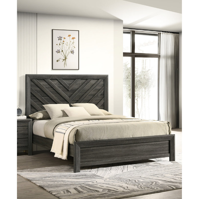 Lit double rustique à finition grise avec motifs et motifs géométriques, meubles de chambre à coucher contemporains en bois avec une finition de style, cadre de tête de lit solide pour embellir