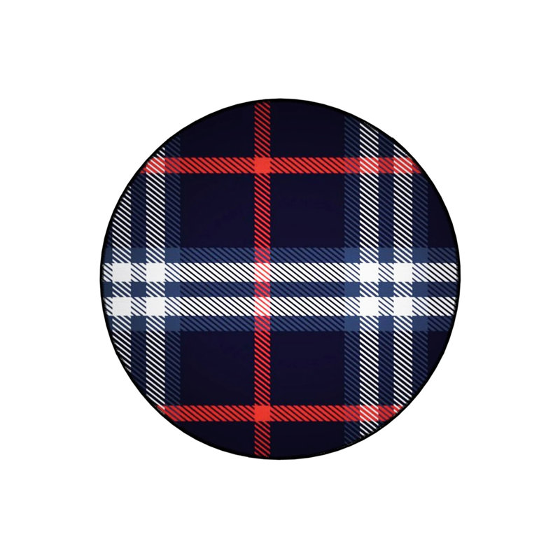 Navy Blue Red Plaid Patterned Woven Base Decorative Carpet, Round 5'