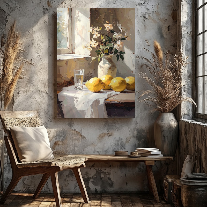 Poire classique nature morte avec toile de table rustique en bois et toile murale pâle prête à accrocher, H 9 po x l 12 po