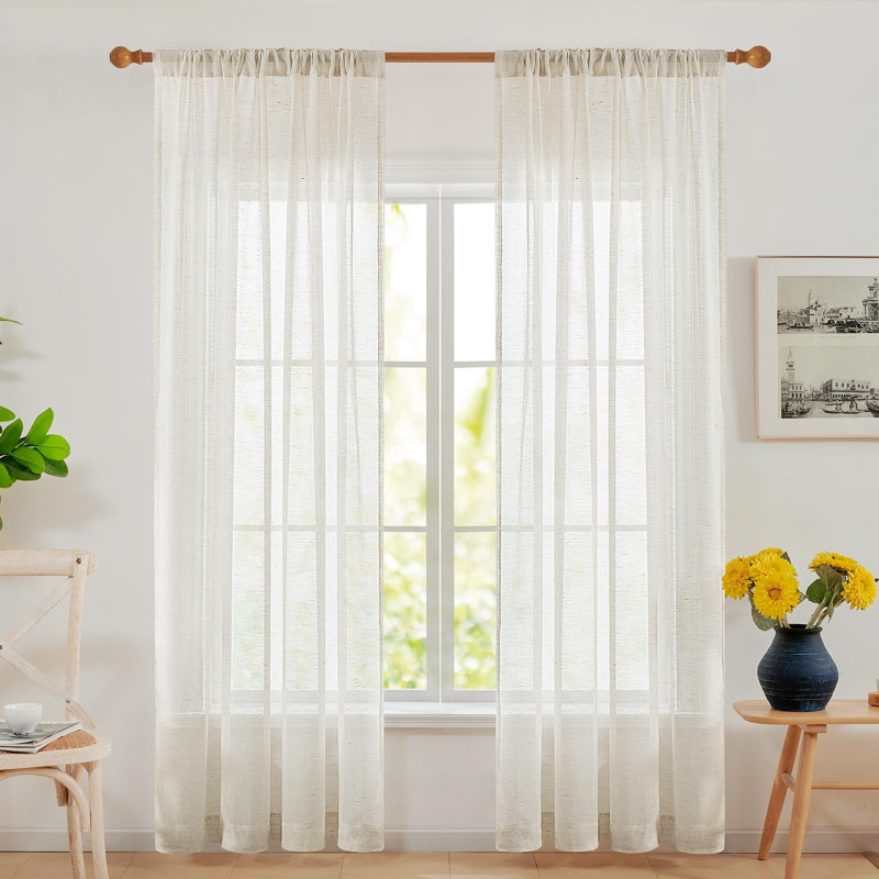 Faux Linen Rod Pocket Semi Sheer Curtains, Light Filtering Drapes for Living Room & Bedroom (Set of 2), 52" W x 84" L, Linen