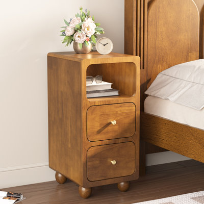 Narrow Nightstand, Small Tall Beside Table with 2 Drawers and Open Shelf, Walnut Solid Wood Night Stand, Mid Century Modern Nightstand for Bedroom (12 inch)