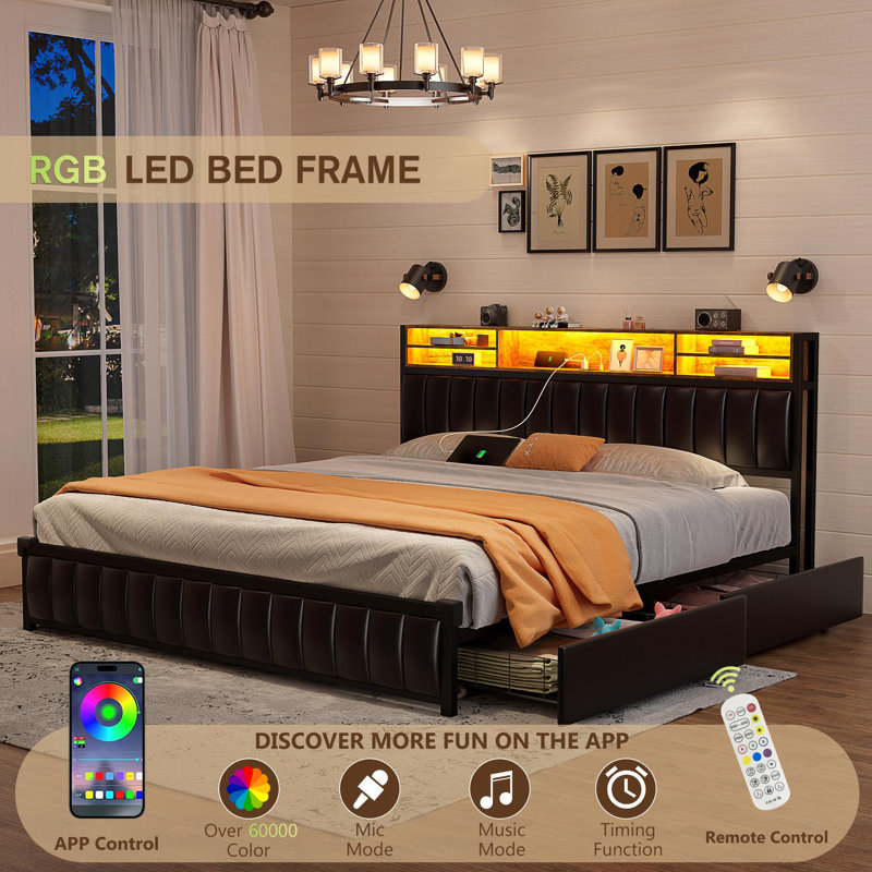 King Size Black Upholstered Bed with LED Lights, Storage Drawers, and Bookcase Headboard