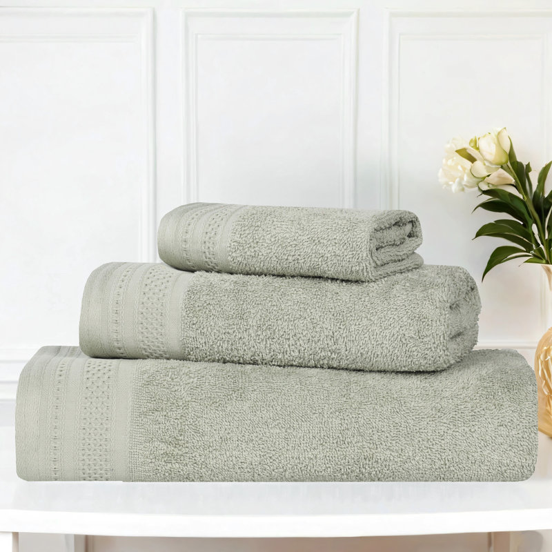 Honeycomb Textured Waffle Border Cotton Medium Weight 3 Piece Towel Set, Sage