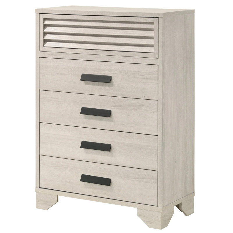 Commode Sary, 5 tiroirs, poignées noires, bois blanc cassé Sary