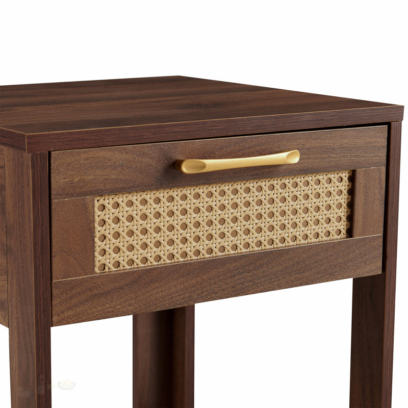 Table de chevet contemporaine à deux tons avec tablette ouverte et plateau à tirer, idéale pour le rangement et l'organisation de la chambre à coucher.