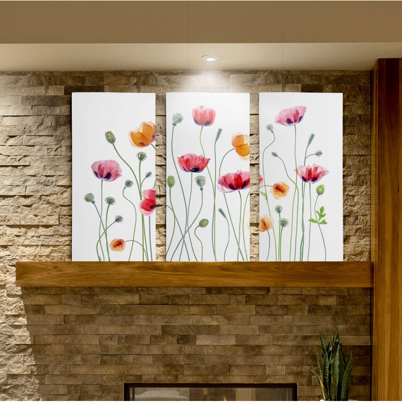 High Key Poppy Party - 3 pièces, reproduction d'art sur toile, H 32 po x l 48 po x P 1,5 po