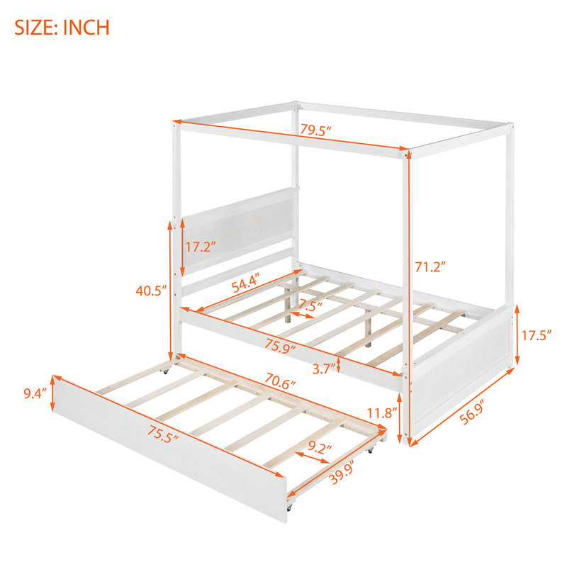 Wood Canopy Bed With Trundle Bed ,Size Canopy Platform Bed With Support Slats .No Box Spring Needed, Brushed