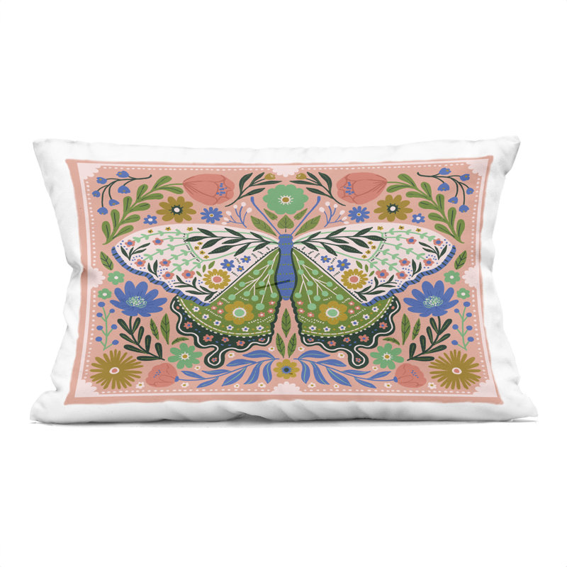 Coussin décoratif à imprimé papillon Folk Inspired Floral, design par Loni Harris