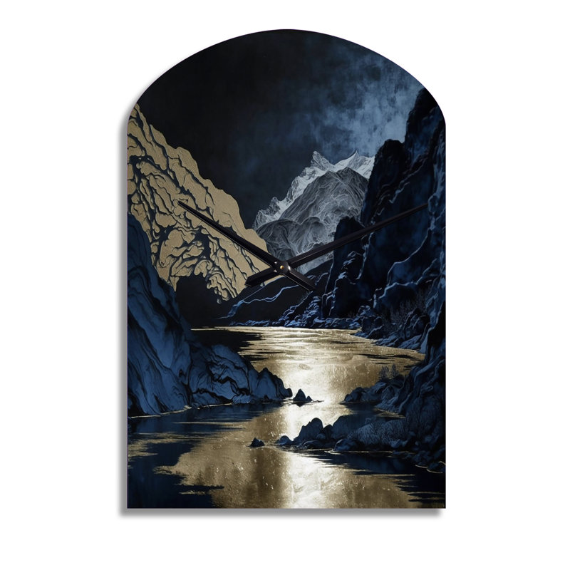 Gold Frosted River And Mountain III - Asymmetrical Forest River Mountains Metal Wall Clock, Arch Wall Clock Print, Moyenne