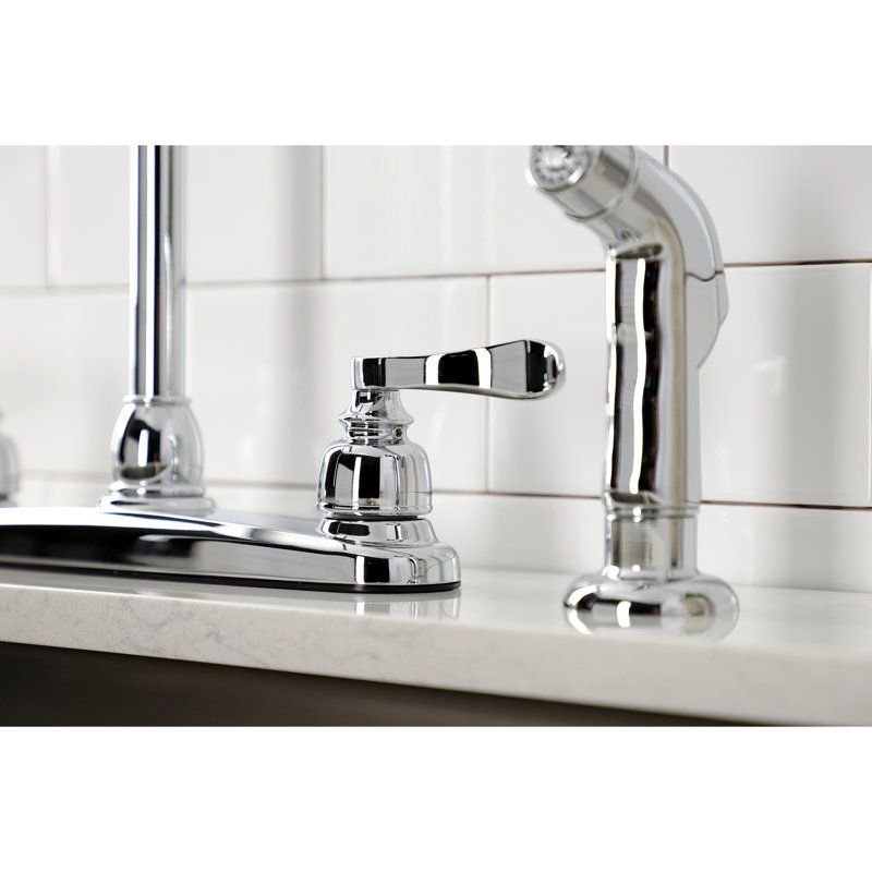 Kingston Brass NuWave French Two-Handle 4-Hole 8" Centerset Kitchen Faucet with Side Sprayer, Polished Chrome