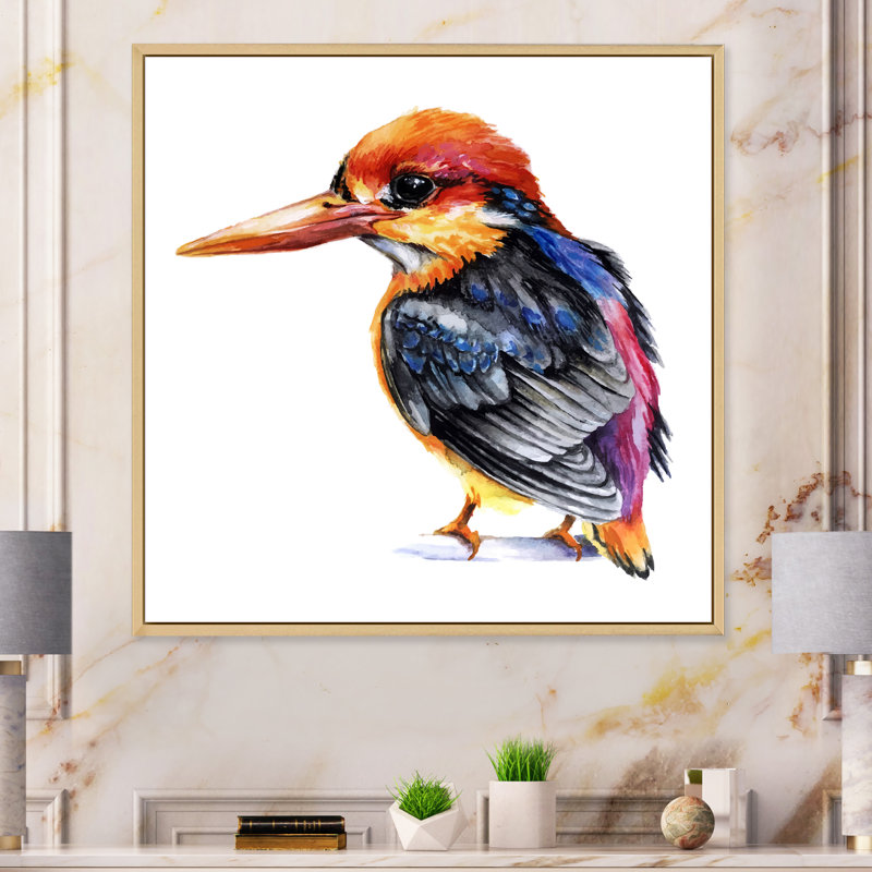 Oiseau martin-pêcheur coloré, H 36 po x l 36 po x P 1,5 po, Toile avec cadre flottant beige