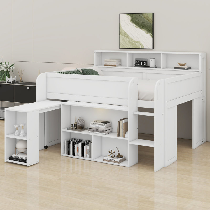 Stylish Wooden Loft Bed With Study Desk, Storage Shelves And LED, White
