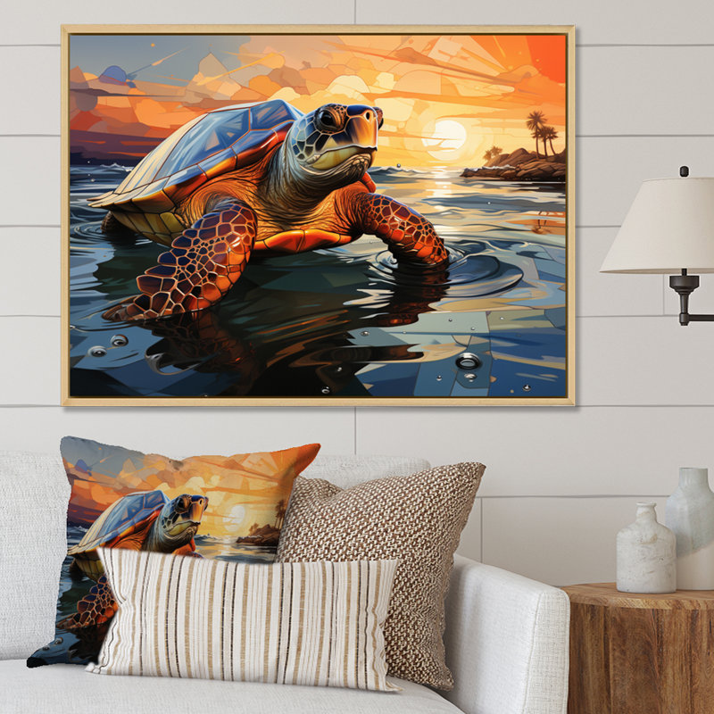Portrait de tortue géométrique II, H 24 po x l 32 po x P 1 po, Cadre naturel flottant