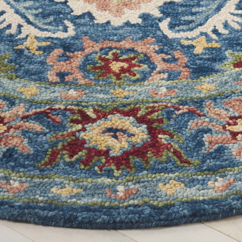 Roshaunda Handtufted Wool Cotton Oriental Rug in Blue/Green, Round 6'