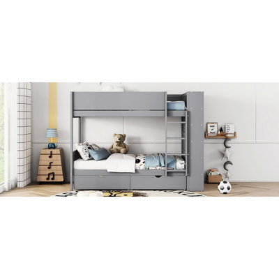 Lit simple superposé simple avec 2 tiroirs et armoire - Couleur grise pour une chambre confortable dans un grand espace de rangement multicouche