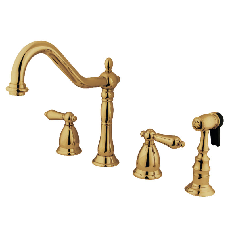 Kingston Brass Heritage Double-Handle 4-Hole Widespread Kitchen Faucet with Brass Sprayer, Polished Brass
