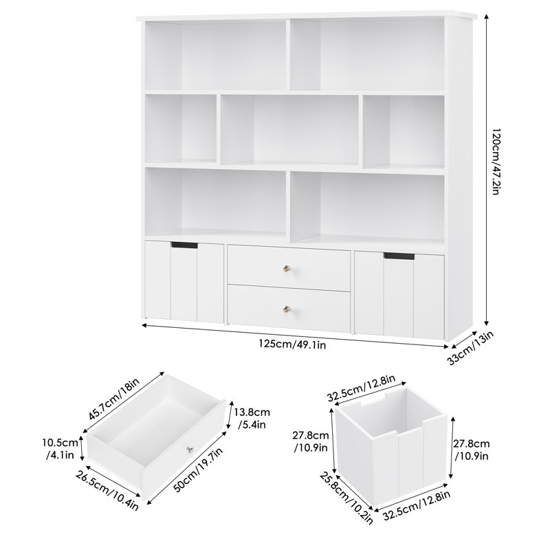 49.1" W Bookcase, 4-tier Bookshelf, Storage Organizer With Drawers, White
