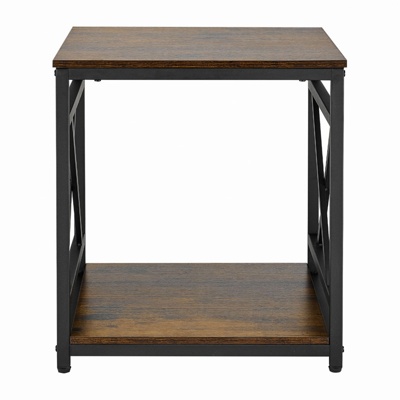 Table de bout, table d'appoint carrée à 2 niveaux avec tablettes de rangement ouvertes, table de chevet moderne avec structure en X en métal, canapé-lit en bois pour salon, chambre à coucher, bureau, dortoir