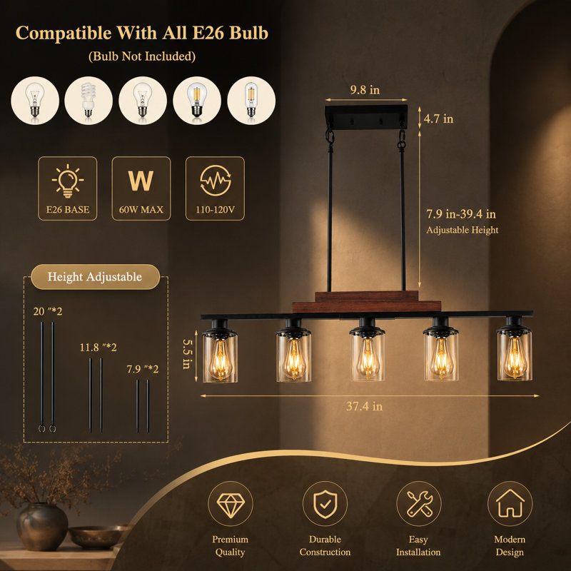 5-Light Farmhouse Industrial Island Pendant Light – Metal and Wood Chandelier with Clear Glass Shades (Bulbs Not Included)