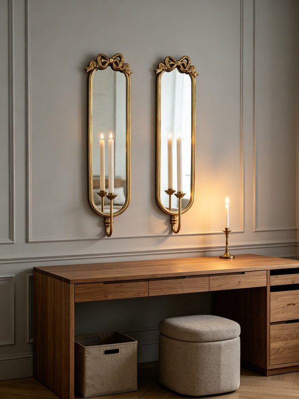 Ensemble de 2 miroirs d'appoint muraux verticaux et or 6 x 4,5 x 28 po, miroir mural en verre avec porte-bougie en fer