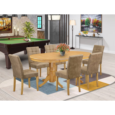 7 Piece Kitchen Dining Table Set Includes a Wooden Kitchen Table and 6 Brown Textured Faux Leather Parson Chairs, Oak Finish