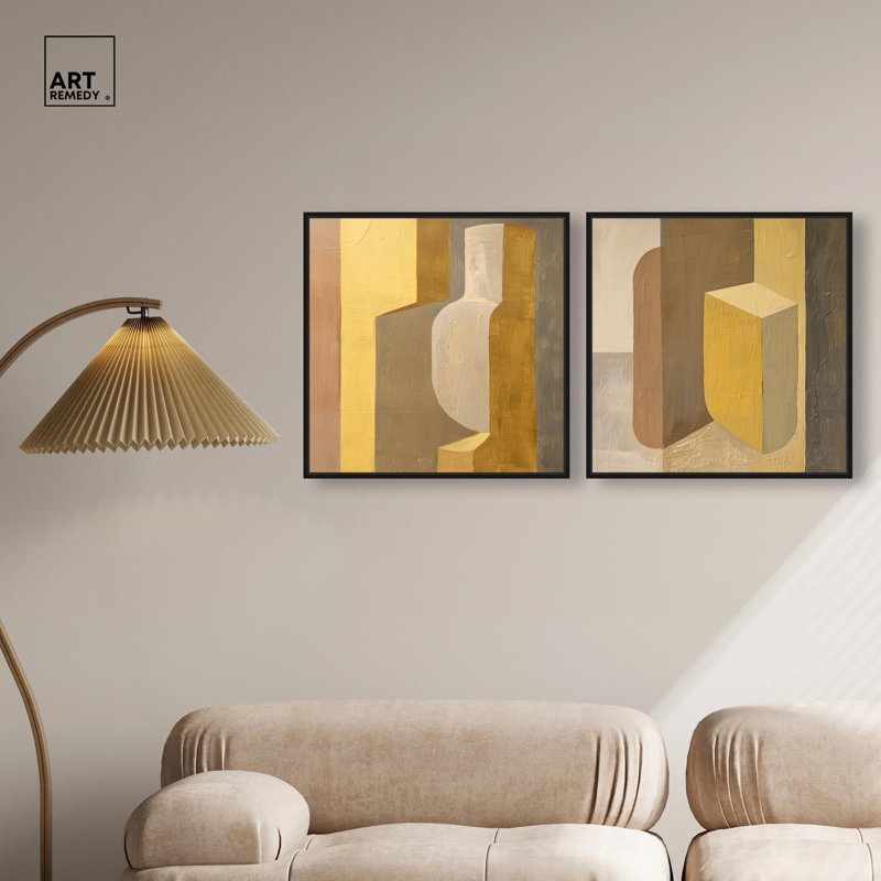 Columnar Forms Diptych Canvas Print Beige Wall Decor Set by Art Remedy, Black Frame, 12 x 12, 21" H x 21" W, Black Frame