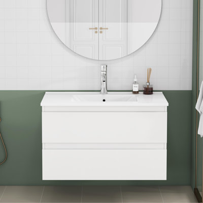 Ensemble de meuble-lavabo avec lavabo, armoire avec 2 grands tiroirs, système de fermeture en douceur, 2 grands tiroirs, conception sans poignée, assemblage facile