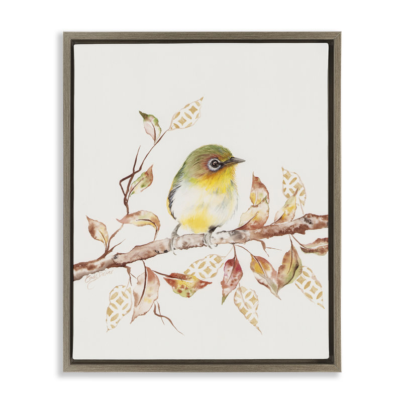 Moineau perché sur un cadre flottant à motif de feuilles, design par Cady, Cadre flottant orme Montalcino, H 31 po x l 25 po