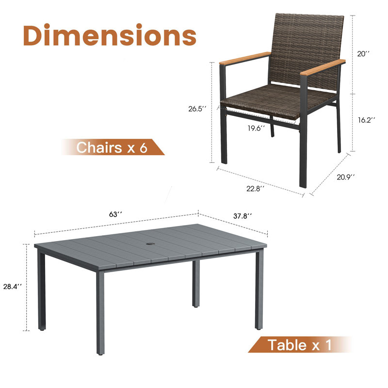 6-Person Patio Dining Set with 63"L Rectangular Dining Table and 6 Rattan Solid Wood Armrest Dining Chairs, Gray/Gray