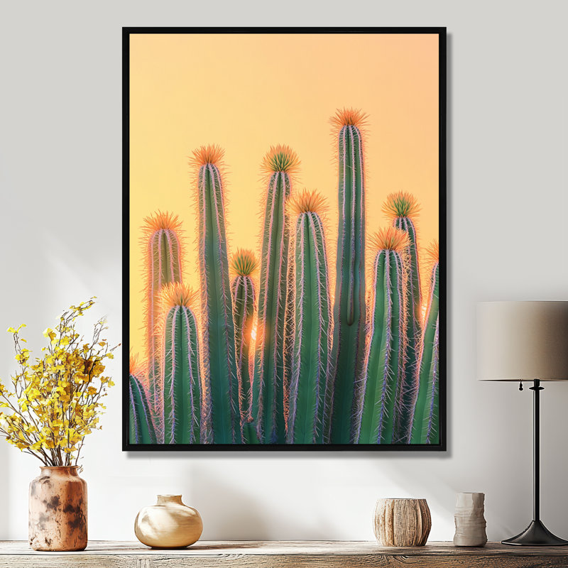 Markeitha pastel cactus au lever du soleil I - décoration murale cactus, H 32 po x l 16 po, Reproduction avec cadre flottant