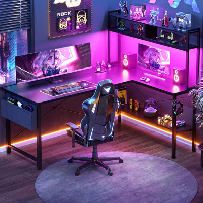 Bureau d'ordinateur en forme de L 59 "avec lumière DEL et prise de courant