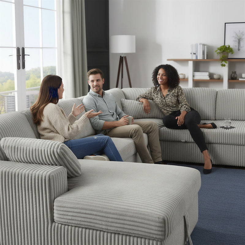 Canapé en velours côtelé de style divisé avec fauteuil inclinable et accoudoirs de rangement, Gris clair